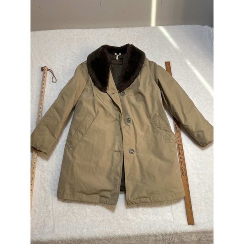 Eddie Bauer Womens Tan Goose Down Parka Faux Fur Collar Winter Coat Vintage